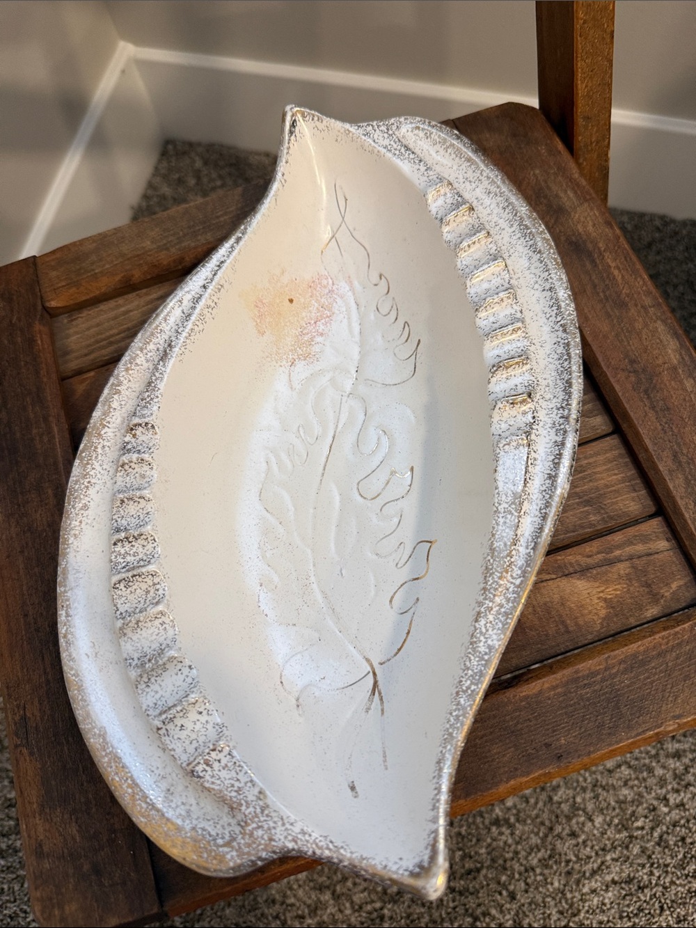 Vintage Ceramic Leaf Serving Bowl White Silver Embossed Leaf Decorative Centerpi